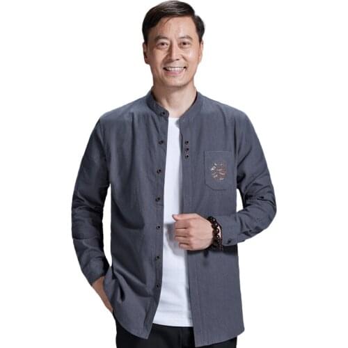 Latest Design Fashion 100% Cotton Casual Chinese Style Mandarin Collar Button Pocket Long Sleeve Shirts
