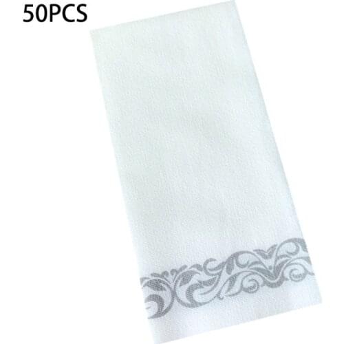 Disposable Linen-Feel Guest Towels - Decorative White Hand Towels, Silver Floral Cloth-Like Paper Napkins