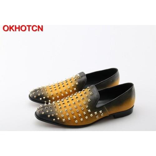 OKHOTCN 2018 New Men Cow Leather Casual Shoes Fashion Mixed Colors casual shoes Gold Rivets Studded Mens Driving Flats Shoes