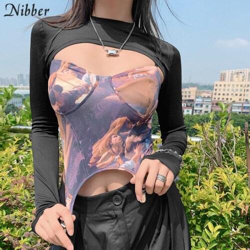 Fall Vintage Graphic Skinny Woman Clother Chic Street Gothic Casual Tshirt Ultrashort Long-Sleeve Top&Sling Female Outfit