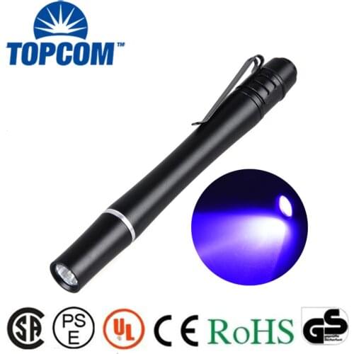 TopCom Mini UV Penlight Pocket LED UV Pen Flashlight 395nm 380nm 365nm Power By 2*AAA Battery With Metal Clip Money Inspection