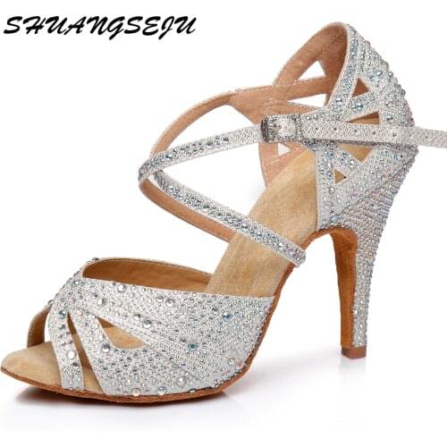 Latin shoes black hot diamond fashionable heel 10cm womens adult 9cm salsa dance shoes soft grey sole can be customized color h