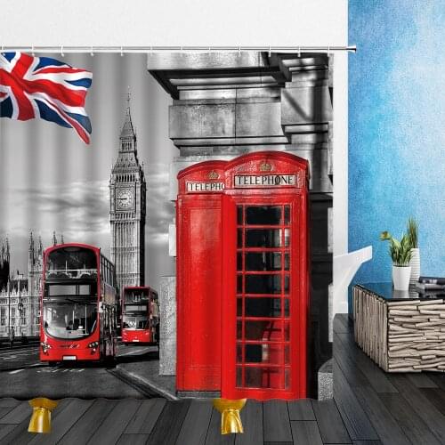 London Street Landscape Shower Curtains Red Bus Telephone Booth 3D Pattern Mildew Proof Waterproof Cloth Bathroom Decor Curtain