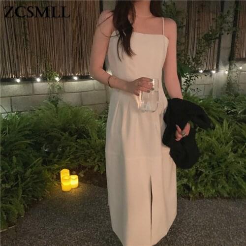 ZCSMLL Korean summer simple temperament square collar dress exposed pleated design waist slimming split sling vestido