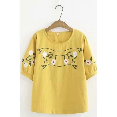 Plus Size Women Vintage O-Neck Floral Embroidery t shirt Cotton&Linen Short Sleeve t shirt Officewear Tops