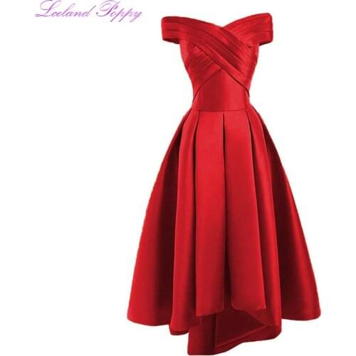 Womens Short A-Line Off the Shoulder Prom Dresses Knee Length High Low Satin Sleeveless Pleated Prom Formal Dresses Lace Up