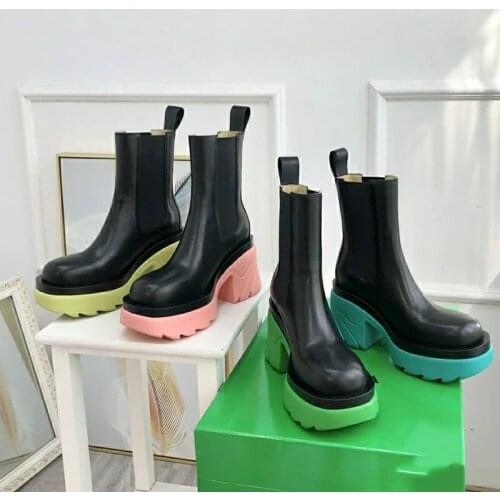 2021 Winter New Brand Women Mid Calf Boots Shoes Fashion Square Med Platform Heel Short Blue Pink Boot Shoes Ladies Slip On Shoe