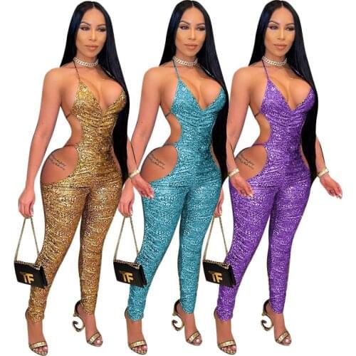 Echoine Women Pure color gloss Bandage Sexy Print Lady Sleeveless Strap V-neck Party Beach Jumpsuits Full Pant Bandage Rompers