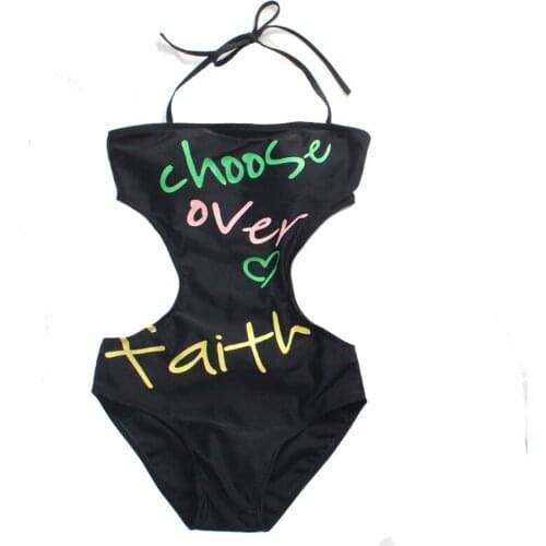 VSUE Women Swimwear Swimsuit One Piece Suits Slash Neck Letter Print Hollow Out Lace Up Black Blue Halter Y0014