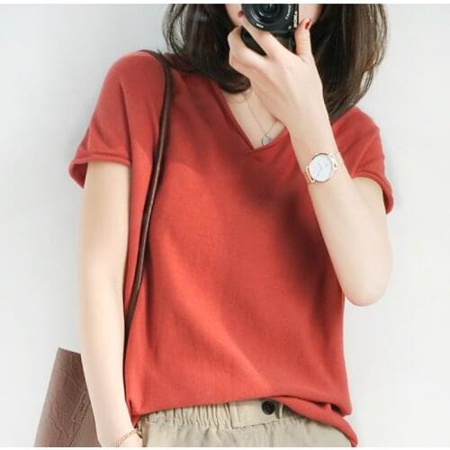 Smepvrg 100% Cotton Women Knitted Female Pullover Short Sleeve V-Neck Women Sweater Pull Femme Knitted Clothing Female Jumpers