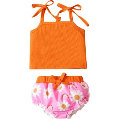 Pudcoco 0-18M 2Pcs Summer Baby Girls Sleeveless Lace-Up Orange Vest Camisole Tops+Floral Daisy Print Shorts Pants Outfit Sets