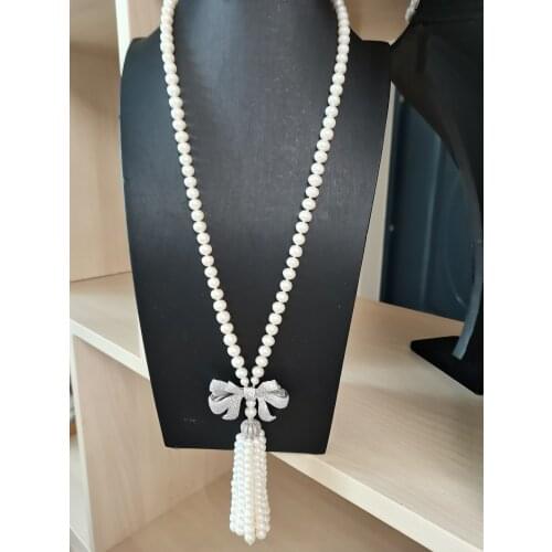 3 color 8-9mm white pink purple freshwater cultured pearl micro inlay zircon butterfly accessories tassel necklace long 71+15cm