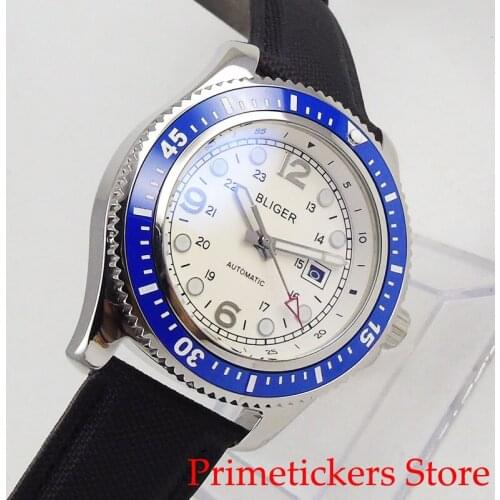 White dial 44mm luminous hands leather strap rotating bezel date automatic movement mens watch