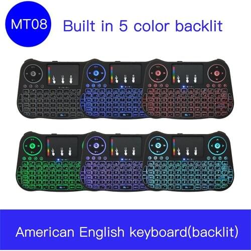 5 color backlit MT08 Mini Wireless Keyboard 2.4ghz wirelesEnglish 5 colour Air Mouse with Touchpad Remote Control Android TV Box
