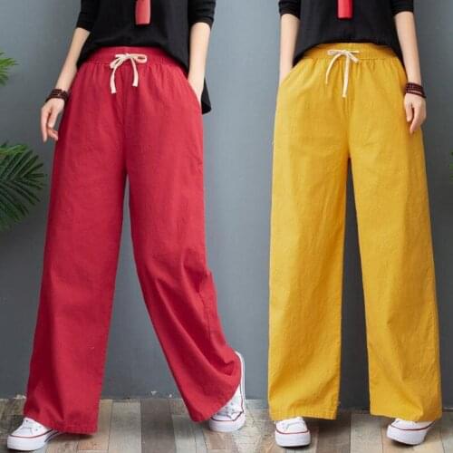 Cotton Linen Wide Leg Pant Women Summer 2021 Casual Loose Drawstring Elastic Waist Trousers Female Red Yellow Straight Pants
