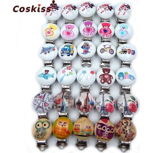 3ps Baby Pacifier Clip Holder Cartoon Character Wooden Round Holder Soother Mam Infant Dummy Clips baby Teether pacifier chain