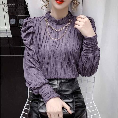 Elegant Pleated Stand Collar Autumn French Blouse Women Three-dimensional Slim All-match Solid Puff Sleeve Pullover Tops 12062