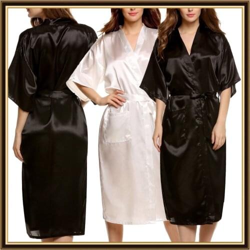 Womens Black Summer Satin Kimono Bathrobe Women Bride Bridesmaid Wedding Robe Dress Gown Sexy Solid Half Sleeve Sleepwear S-2XL