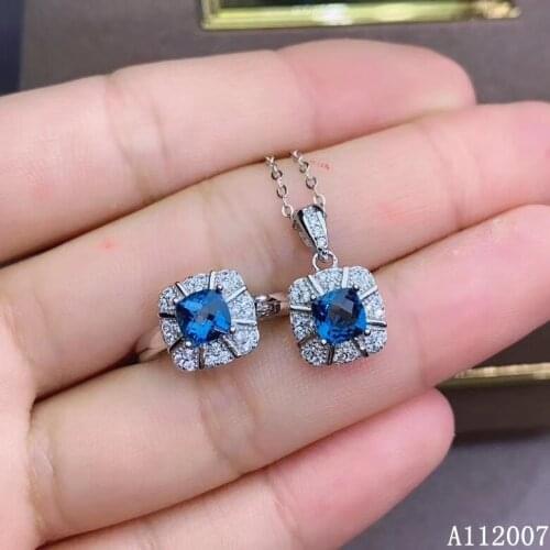 KJJEAXCMY Fine Jewelry 925 Sterling Silver Inlaid Natural Blue Topaz Gemstone vintage Ring Necklace Pendant Set Support test