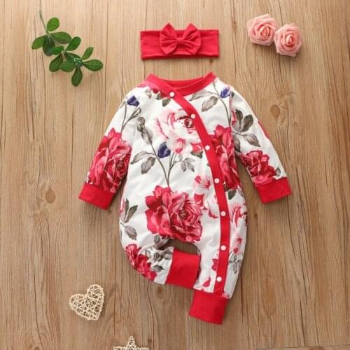 Winter Infant Casual Jumpsuit Outfits 2Pcs Baby Girl Floral Long-sleeved Rompers Single-breasted Headband New Arrival