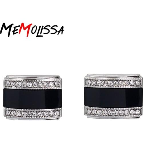 Memolissa Mens Luxury Crystal Cufflinks Black with Crystal Square Top Quality Wedding Round Cuff links Free Shipping