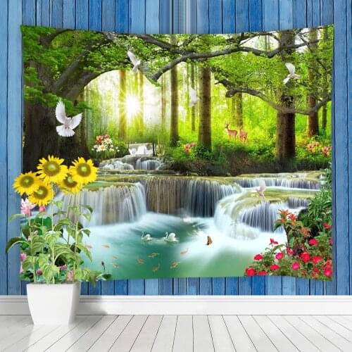Forest Waterfall Scenery Tapestry Wall Hanging Natural Landscape Bedroom Dorm Decor Wall Tapestries Home Art Adornment Supplies