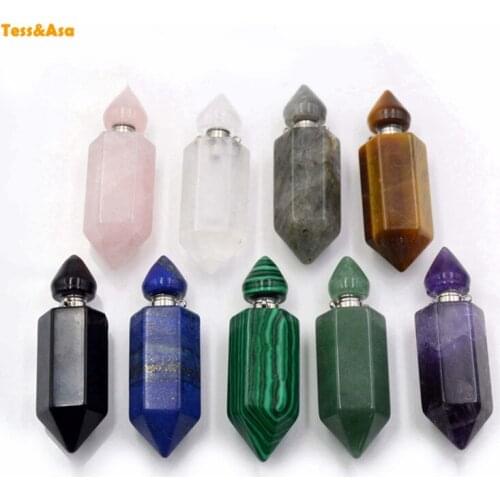 Natural Gems-stone Perfume Bottle Pendant essential oil diffuser amethysts quartz Crystal pillar Chakra vial for necklace