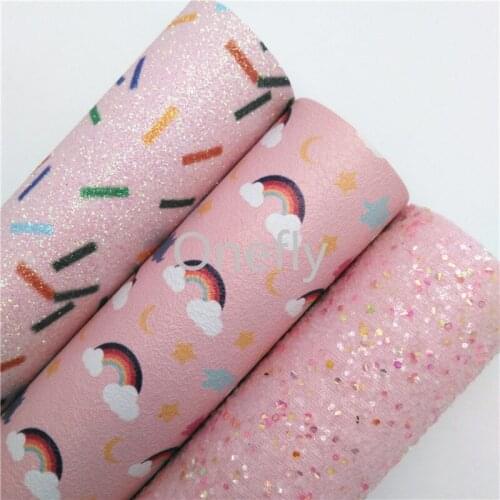 Onefly 21X29CM Pink Glitter Fabric, Rainbow Faux Leather, Spinkle Printed Glitter Fabric Sheets For Bow DIY handbags shoes BQ058