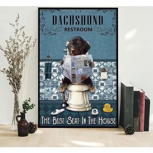 Funny Animal Dog Poster Read Newspaper In Toilet Art Print Vintage Restroom Bathroom Canvas Painting For Home Decoration Decor