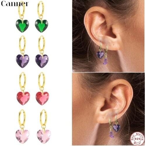 CANNER 925 Sterling Silver Hoop Earrings Trend Simple Heart Crystal Zircon Charm Earrings For Women Birthday Party Gift Jewelry