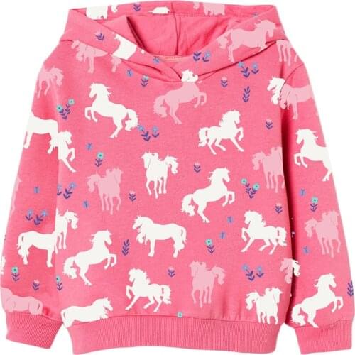 Baby Girl Clothes Toddler 2021 New Autumn Cotton Animal Print Sweatshirt Pink Horse Hooded Sweater for Kids 2-7 Years
