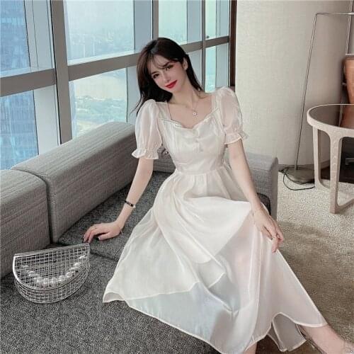 Spring And Summer 2021Streamer Satin Sweet High-waisted Flared Sleeve Streamer Dress Short-sleeved Square Neck Fairy Dress