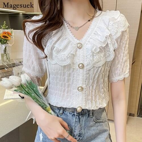 Korean Single Breasted Blouse White Summer Women Shirt 2021 Chiffon Lace Blouse Sweet V-neck Vintage Short Sleeve Tops 15273