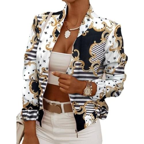 2021 Spring And Autumn Womens Thin Jacket Jacket Retro Printing Long-sleeved Zipper Jacket Womens Casual Short Bomber Jacket