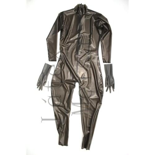 3D cutting catsuit womens latex Zentai attached back zip and with seperated finger gloves in transparent black color