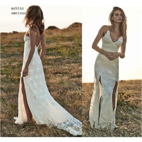 Spaghetti Straps Sexy Mermaid Bride Dress Lace Informal Cheap Wedding Dress 2020 Front Slit Backless High Quality Custom Made