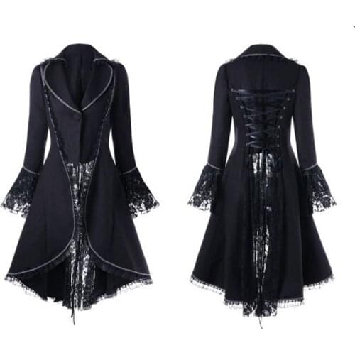Women Lace Trim Lace-up High Low Coat Black Steampunk Victorian Style Gothic Jacket Medieval Noble Court Dress S-3XL