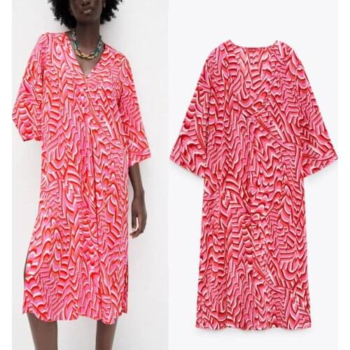 2021 Za Female Printed Tunic Dress Casual V-neck Wrap Long Sleeve Woman Dress Tunic Midi Dresses Vintage Side Vents Hem Fashion