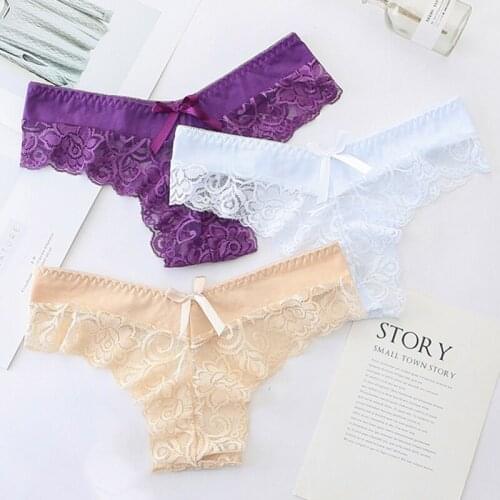 3Pcs Lot Panties Women Lace Sexy G-String Briefs Lingerie Low Waist Cotton Crotch Female Underwear