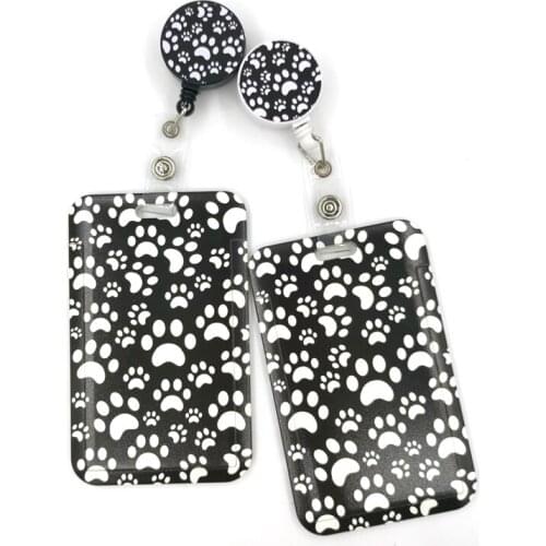 Black Dog Paws Cartoon Retractable Badge Reel Lanyard Nurse ID Business Credit Card Work Card Badge Holder Office Student Clips