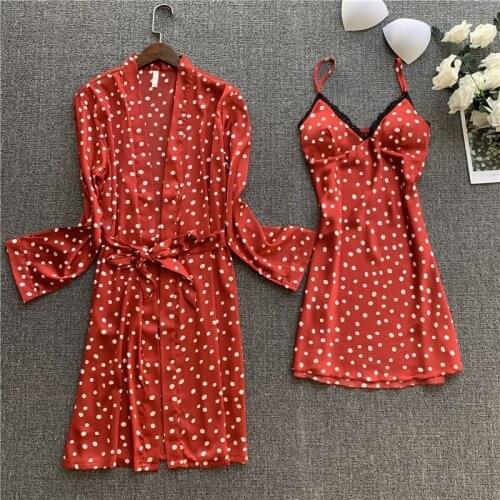 Foply 2 Pieces Gown Robe Set Pajamas Set Women Sleepwear Pink Printed Faux Silk Female Pyjama Stain Homewear Sexy Lace Nightwear