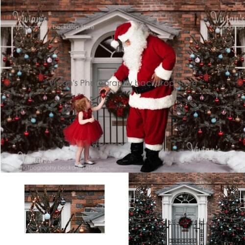 Brick House Christmas Backdrop Child Photography Props Wood Door Minster Trees Birthday Baby Portrait Background Kids Studio