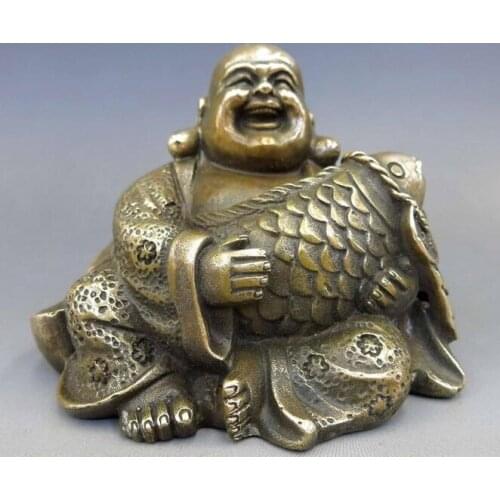 Chinese Brass Copper Buddhism Fengshui Fish Money Wealth Maitreya Buddha Statue