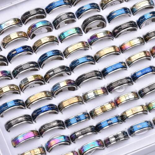 50pcs/lot Colorful Electrocardiogram Heartbeat Spinner Rotating Stainless Steel Rings For Women Men Fashion Jewelry Party Gifts