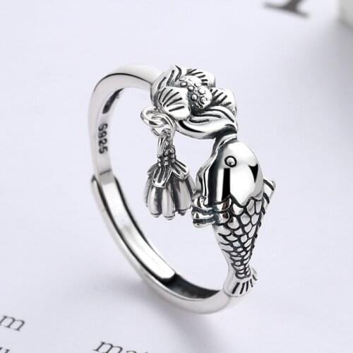 Wealth Koi Fish Ring Mens and Womens Retro National Style Ring Small Fish Lotus Ring Opening Adjustable Jewelry Lover Gifts