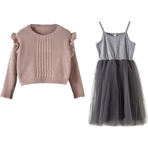 Winter Dress Sets 2021 Spring Girls Children Knitted Tops And Sling Dress Girls Dress Set Sweater Suits 3-12Y Kids Clothing