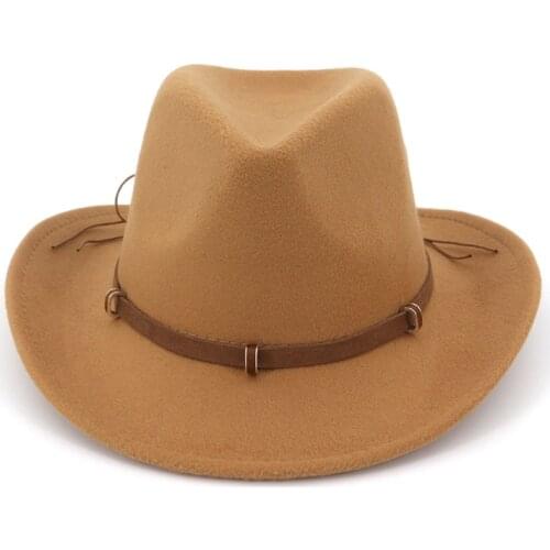 Leather Decorated Western Cowboy Hat Wool Felt Jazz Fedora Hats Wide Brim Panama Formal Top Cap Sombreros for Men Women