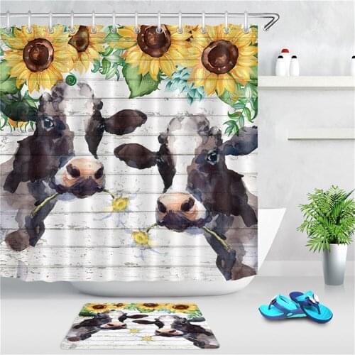 LB Watercolor Farm Cow Shower Curtain Farmhouse Animal Cattle with Daisy Yellow Sunflower Shower Curtain Funny Kids Bathroom