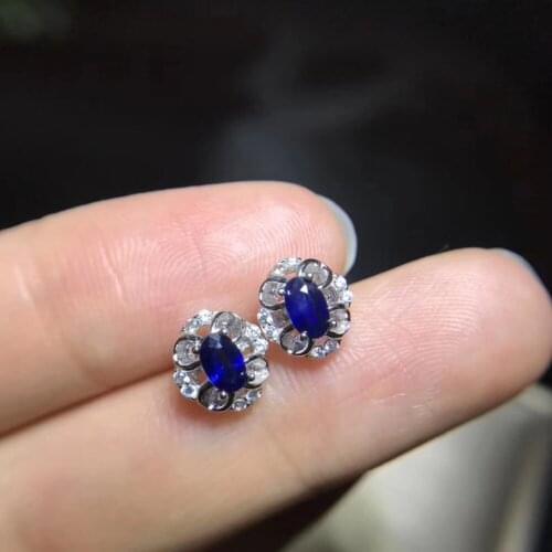 Fashion Elegant round Hollow natural blue sapphire stud earrings Natural gemstone earrings S925 silver women party gift jewelry