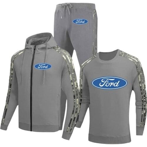 Casual Mens Zip Jacket Ford Car Logo Printing Spring Autumn high quality Cotton Mens jacket + sweater + pants three-piece suit